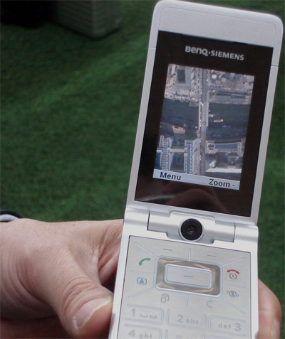 A BenQ-Siemens phone with an aerial photo on the screen