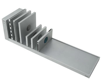 A row of laptop modules on a gray shelf