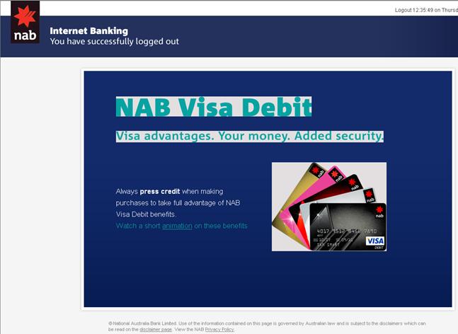 National Australia Bank logout screen