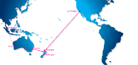 The planned fibre cable route connecting Australia, New Zealand and the US
