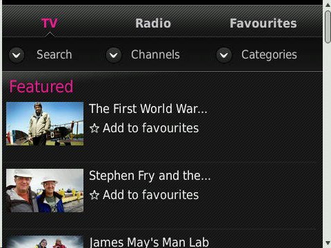 BBC iPlayer BlackBerry screenshot - BlackBerry users will be able to use BBC iPlayer on their devices using the interface shown above