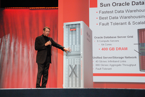 Oracle CEO Larry Ellison shows off the Exadata Database Machine, one of the first hardware products developed with Sun