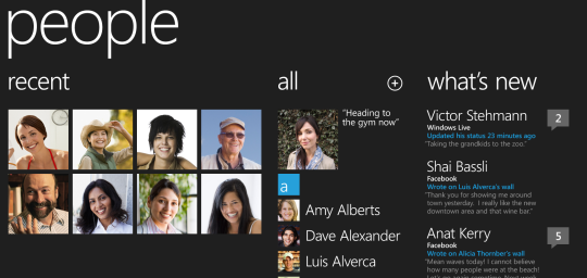 Windows Phone 7 People hub, which aggregates contact information, social networking updates and emails into one menu on the device