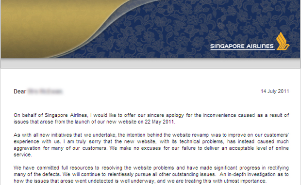 Singapore Airlines apology