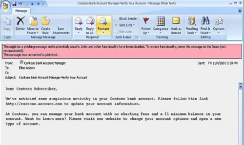 Phishing e-mail warning in Microsoft Outlook