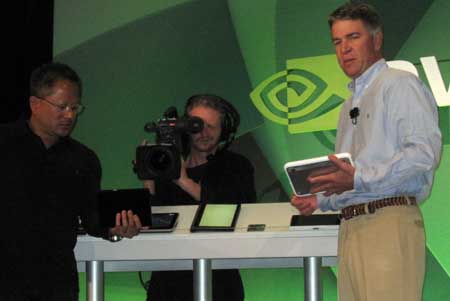 Nvidia CEO Jen-Hsun Huang and Tegra general manager Mike Rayfield show new slate tablet PCs.