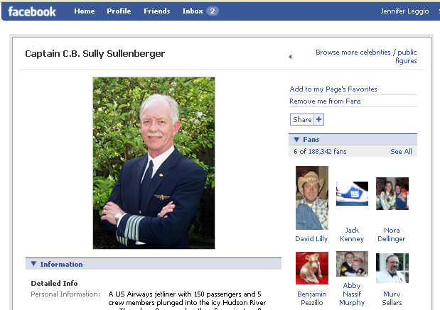 Facebook fan numbers of U.S. Airways pilot Sullenberger grow at 1,000 per minute