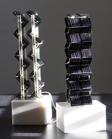 Small-scale models of the three-dimensional solar photovoltaic arrays being tested on an MIT rooftop. (Photo by Allegra Boverman)