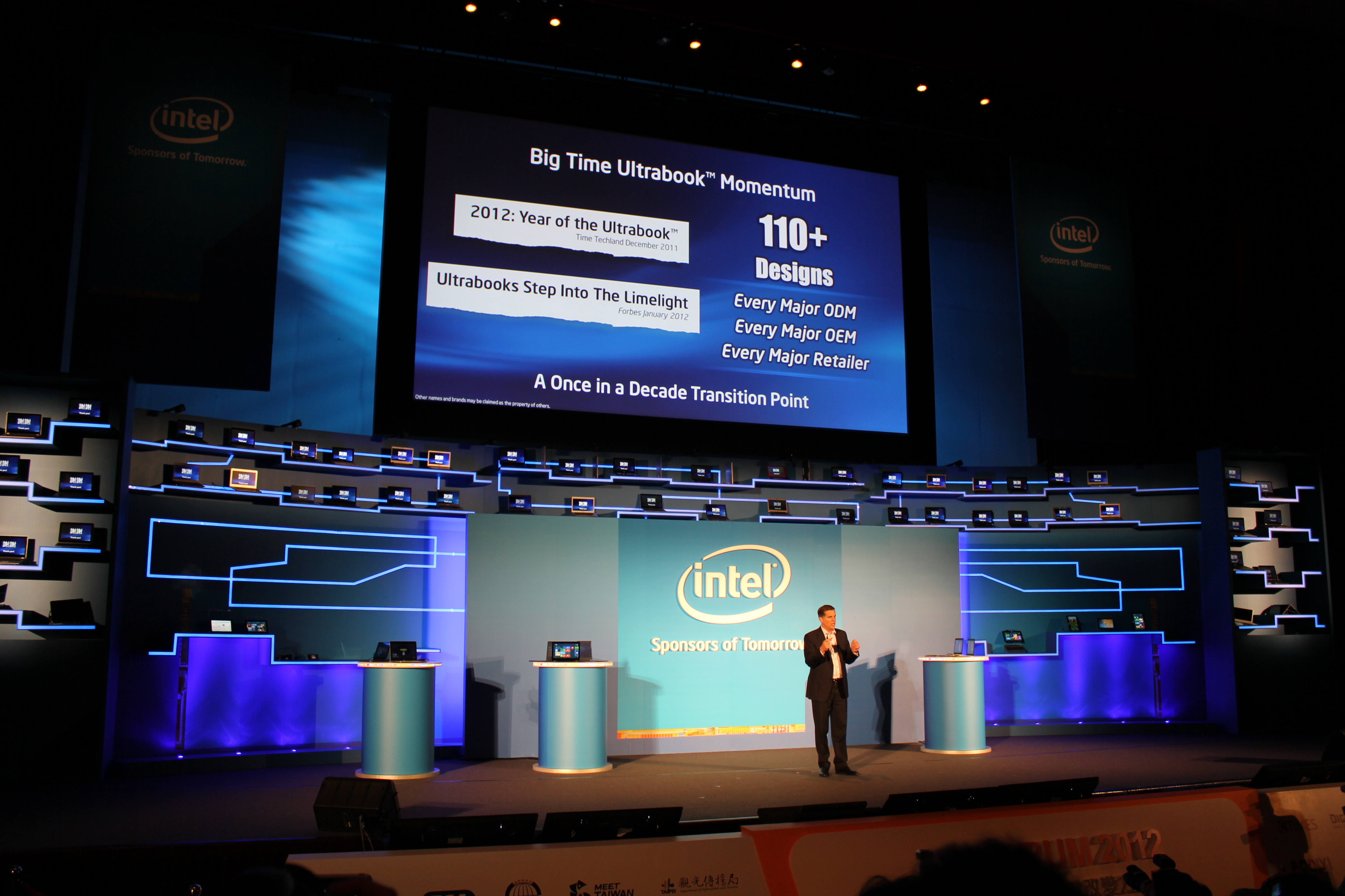 Intel Senior Vice President Tom Kilroy gave a Computex keynote surrounded by 50 new Ultrabooks.