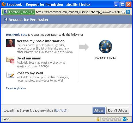 Just to get RockMelt's beta requires granting it Facebook account access.