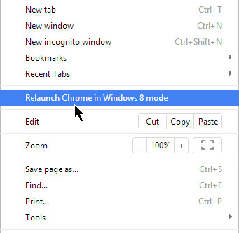 Chrome Windows 8 mode menu