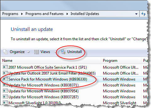 How to uninstall Windows Vista Service Pack 1