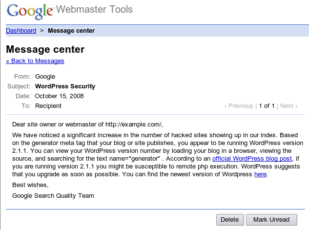 Google hackable site warning