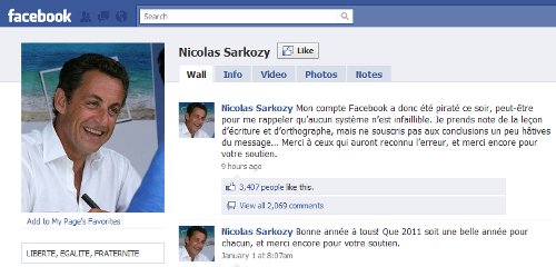 President Sarkozy's Facebook Page, Sunday, 1/23/11.