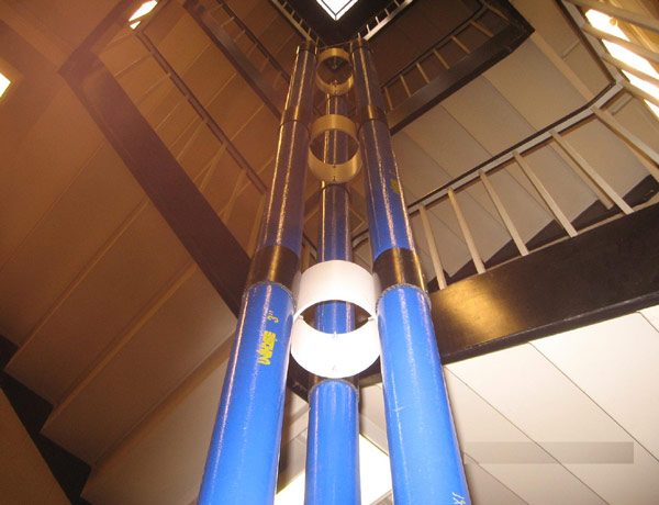 A 7-meter-tall demo/prototype tower stands in a stairwell (Credit: Thoth Technology Inc.)