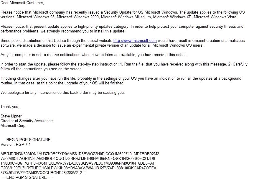 Fake Microsoft Update Email