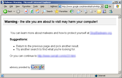 Image of google warning users about malicious URL