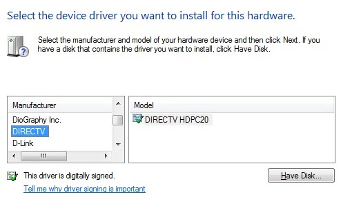 Drivers for DirecTV HDPC-20 tuner are in beta builds of Windows 7