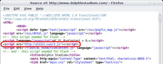 Source code of hacked Dolphin Stadium Web site.