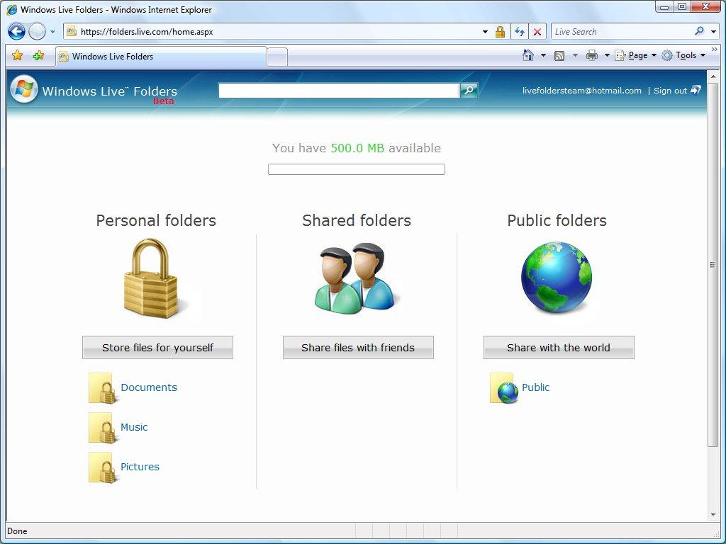 Windows Live Folders home page