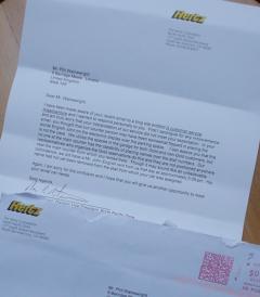 The letter I received from Hertz
