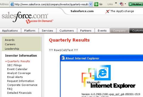 Investor information pages on Salesforce.com's UK site displayed in IE6