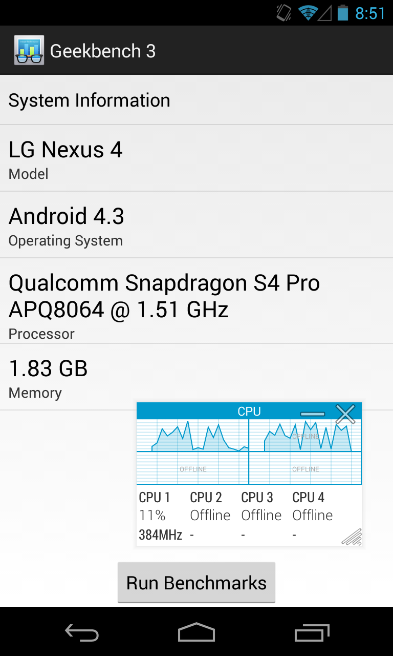 Geekbench 3 running on the Nexus 4, which idles normally—only one core is active, and it's running at the lowest possible clock speed.