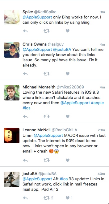 iOS 9.3 update breaks links in Safari, Messages and Mail apps