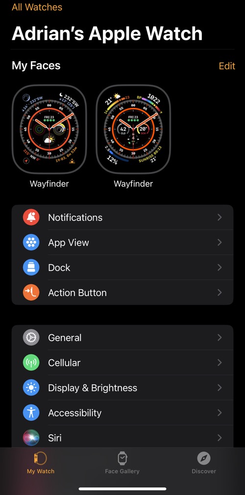 Apple Watch menu showing two watch face options
