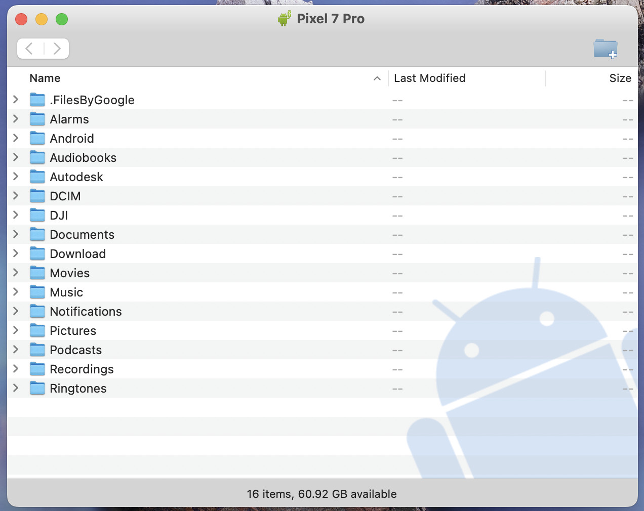 The Android File Transfer window.