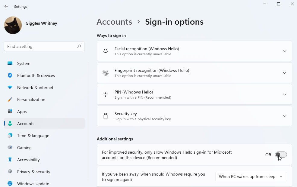 Accounts page for sign-in options