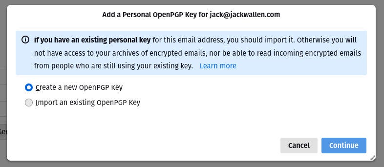 The create and import OpenPGP key window.