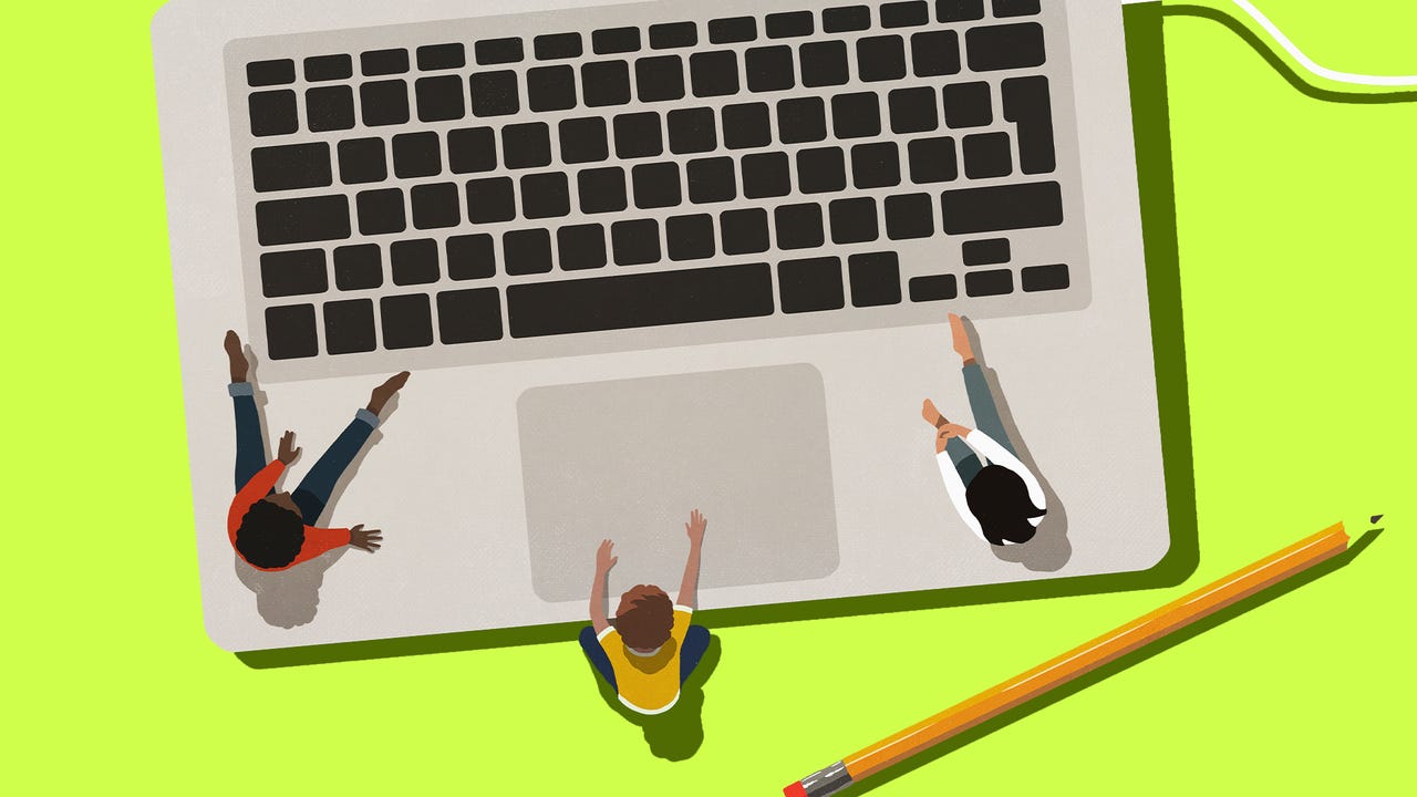 Kids sitting at laptop keyboard - stock illustration