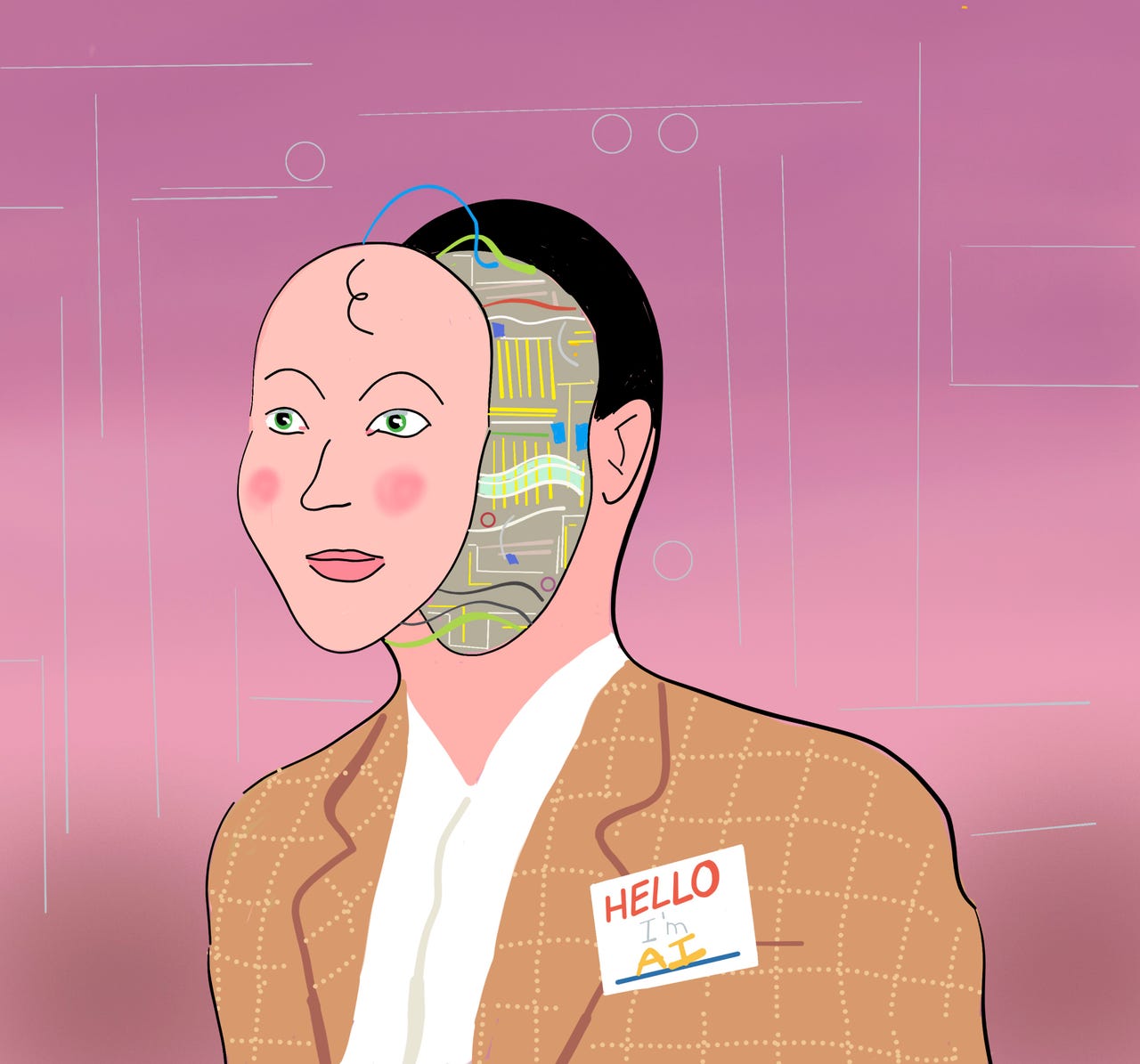 Illustration of a person with their face lifted out as a mask to show the computer inside, and wearing a nametag saying Hi, I'm AI