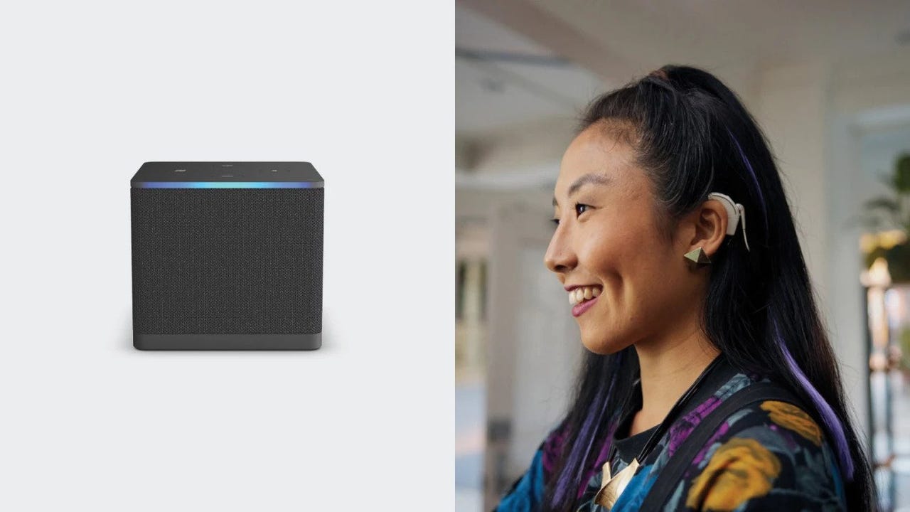 on the left: A picture of a Fire TV Cube against a white background. On the right: a picture of a woman smiling while wearing a cochlear implant
