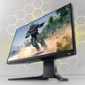 An Alienware AW2521 monitor on a grey background with golden honeycomb patterns