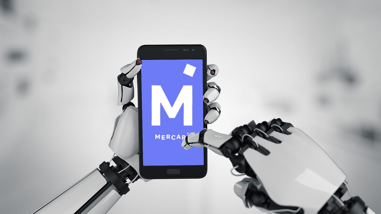 White robot hand holding modern smartphone mockup on grey white background. Robotic android hands with phone. 3d rendering - stock photo