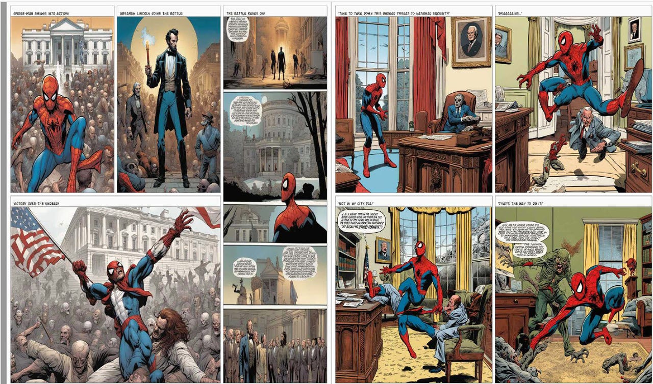 AI-generated comic book panels of Spider-Man and Abraham Lincoln