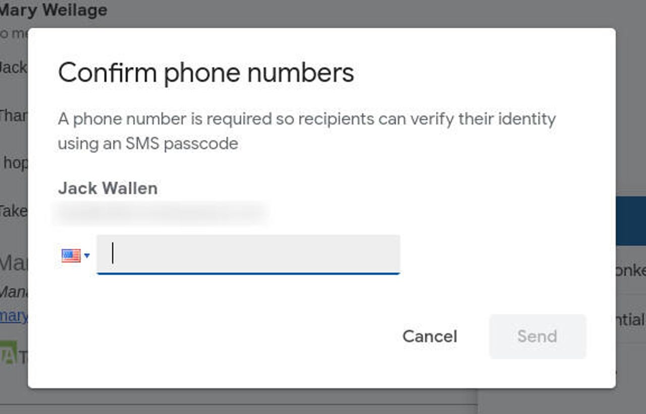 SMS Phone number popup for Confidential Mode.