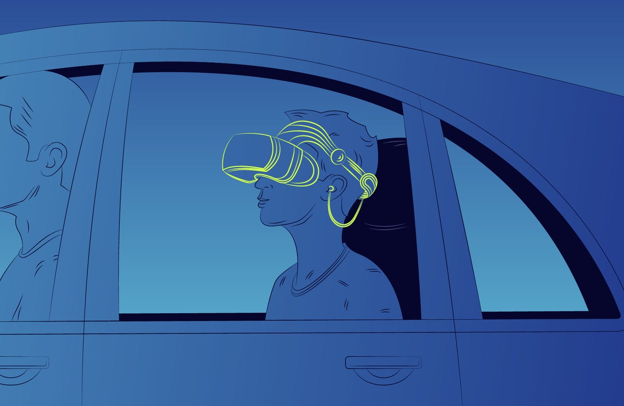 Ilustración de un niño en un automóvil con un visor de realidad virtual