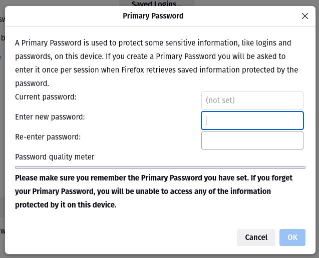 The Firefox Primary Password creation window.
