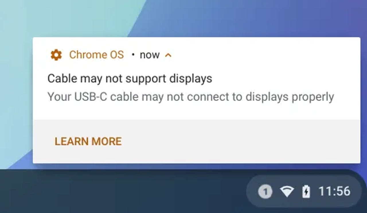 Alert informing the user their USB-C cable cannot support displays