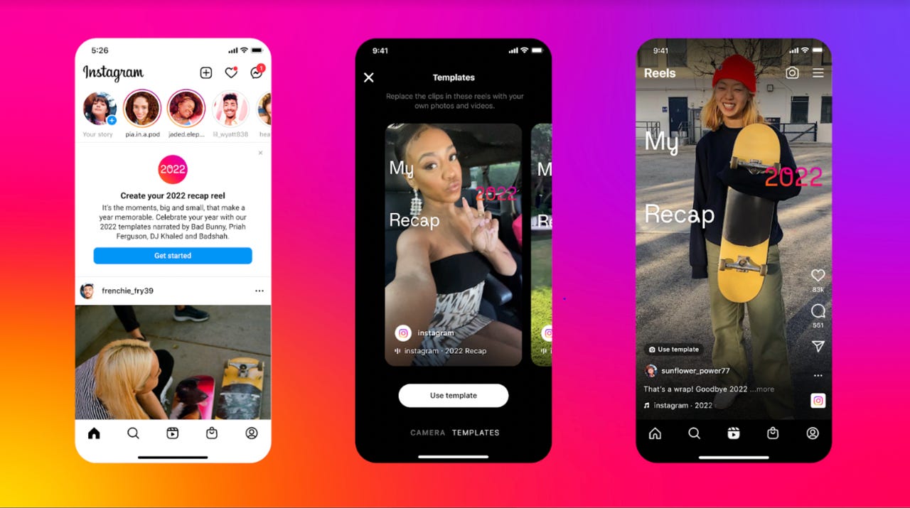 screenshots of instagram 2022 recap on a gradient pink background