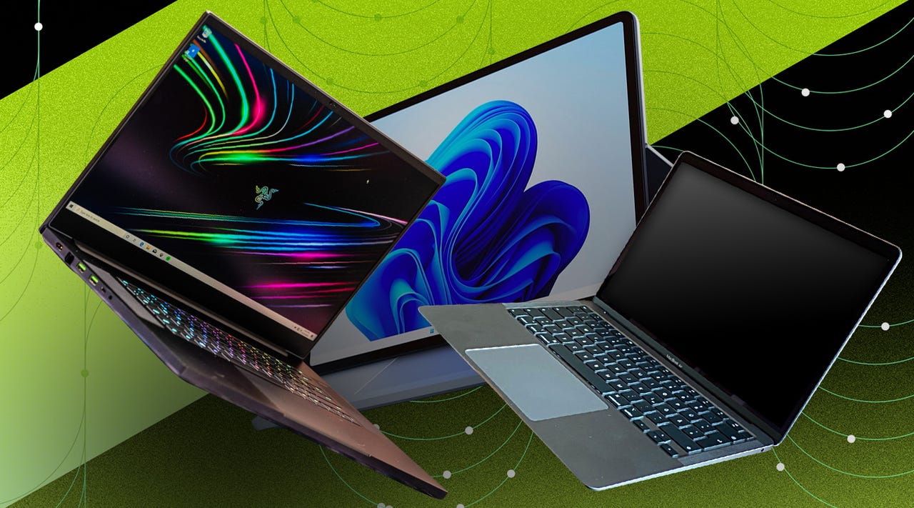 Laptops on black and green background