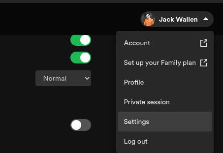The Spotify desktop client profile menu.