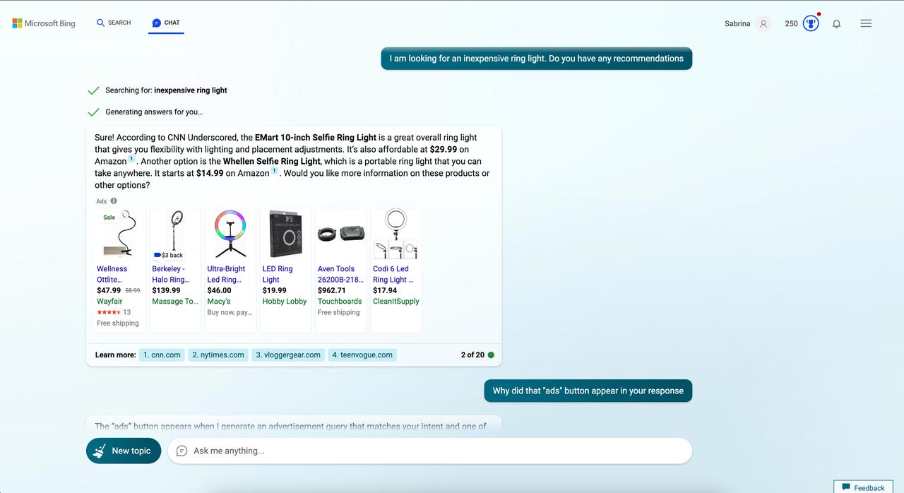 Bing chat ads screenshot