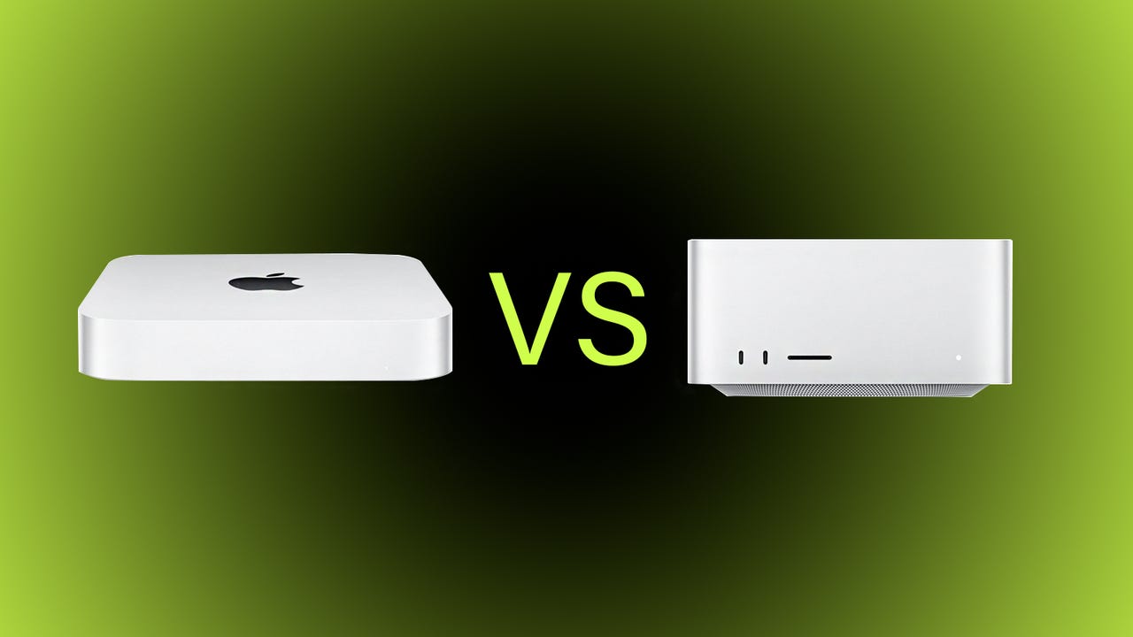 An M2 Mac Mini and M1-series Mac Studio in a vs graphic
