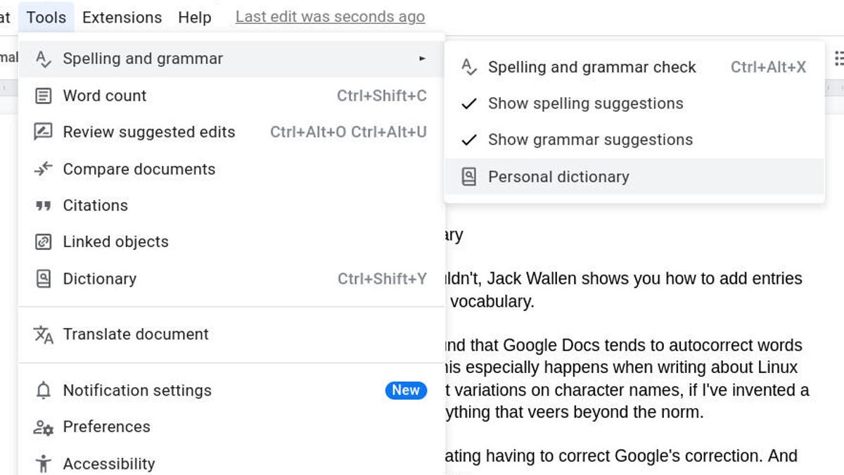 How to add new words to the Google Docs dictionary