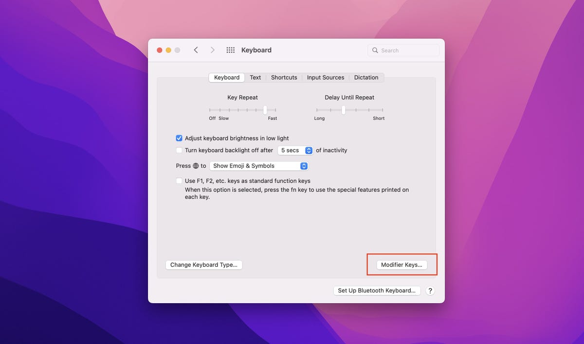 Mac OS keyboard settings