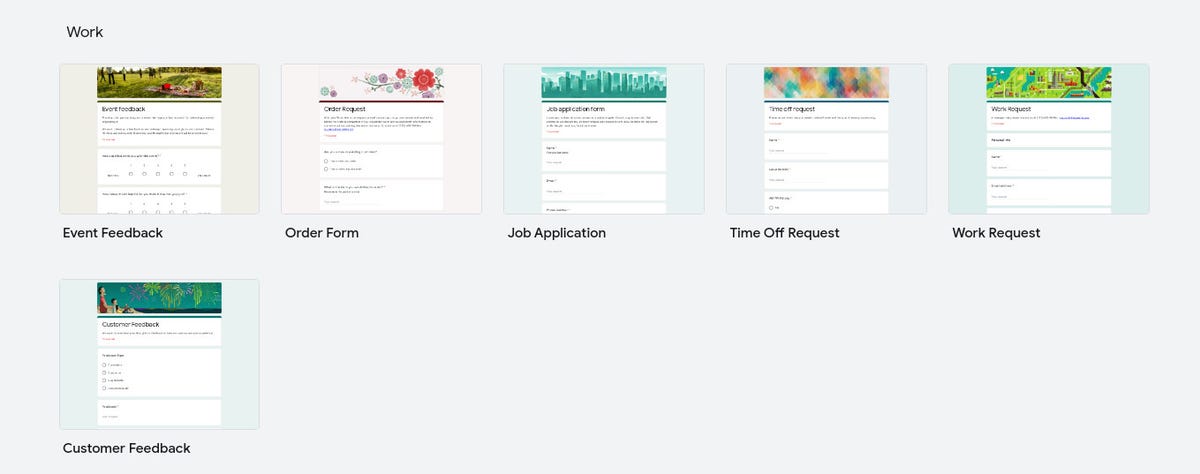 A sampling of the Google Forms templates.